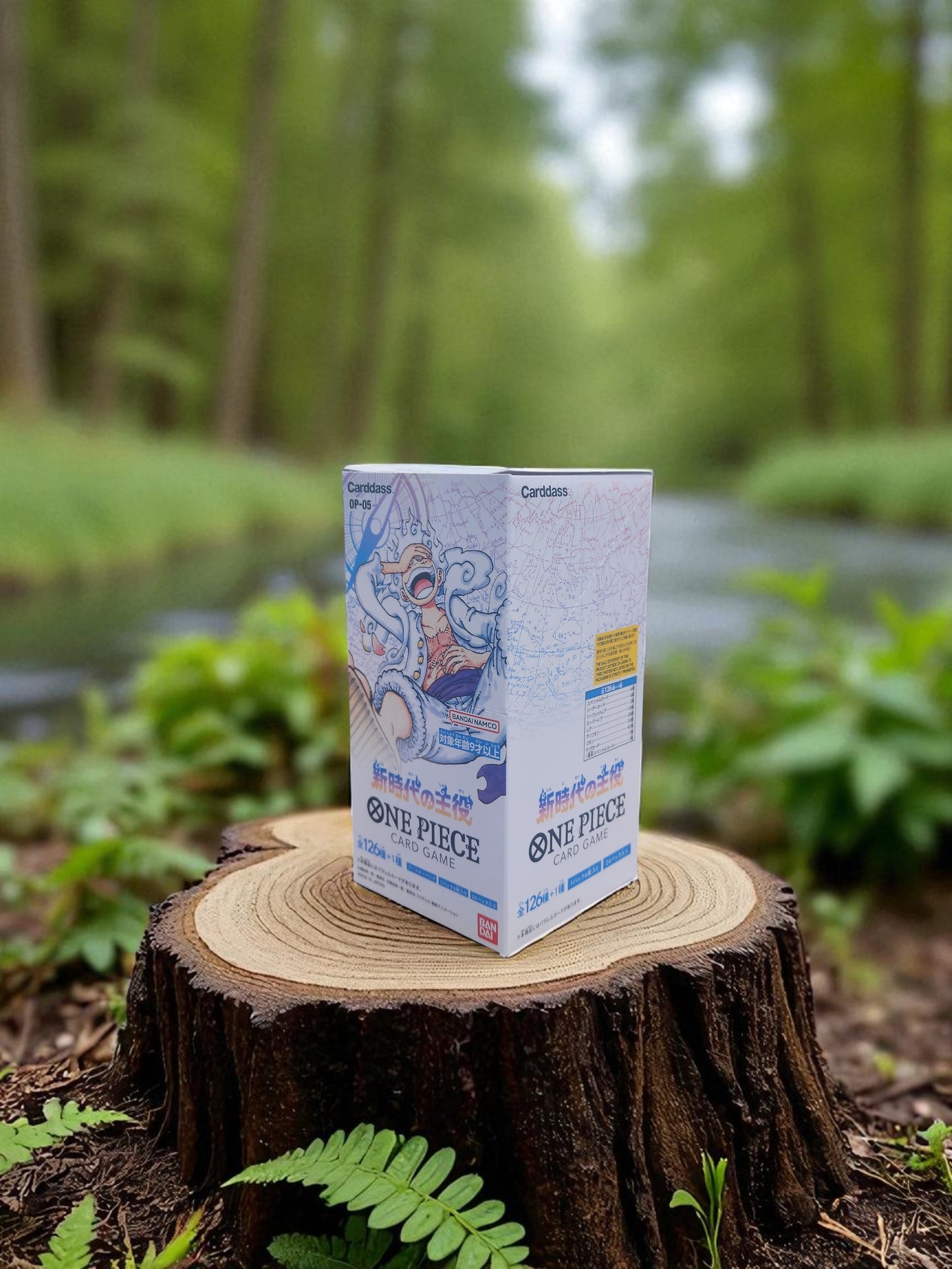 Anime-themed product packaging on a wooden stump with a forest background